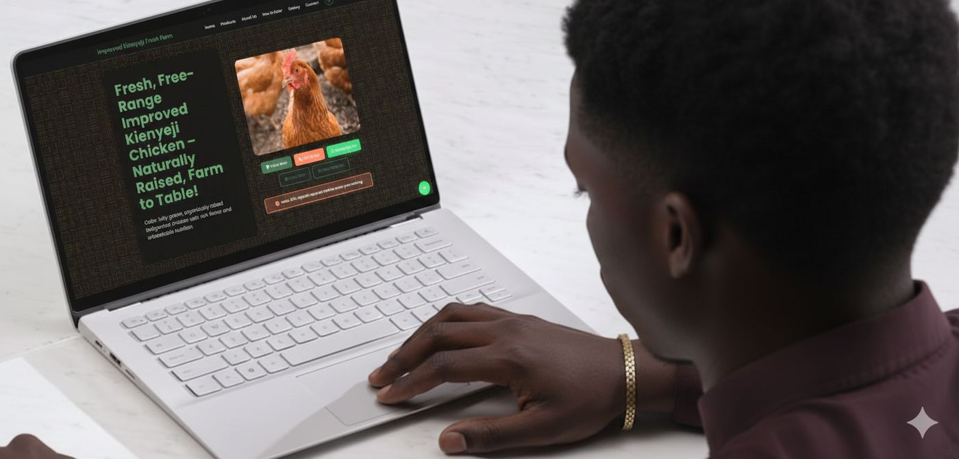 Customer browsing the Kienyeji Farm Fresh website on a laptop